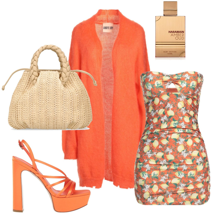 Outfit donna - Tonalità accese. Stile Glamour per Serata fuori. Abbinamento con cardigans, vestiti corti, sandali in pelle, profumi, borse a mano.