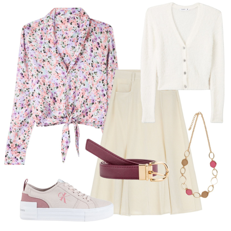 Outfit donna - Aria di primavera. Stile Casual chic per Tutti i giorni. Abbinamento con sneakers, camicie, cardigans, gonne longuette, collane, cinture.