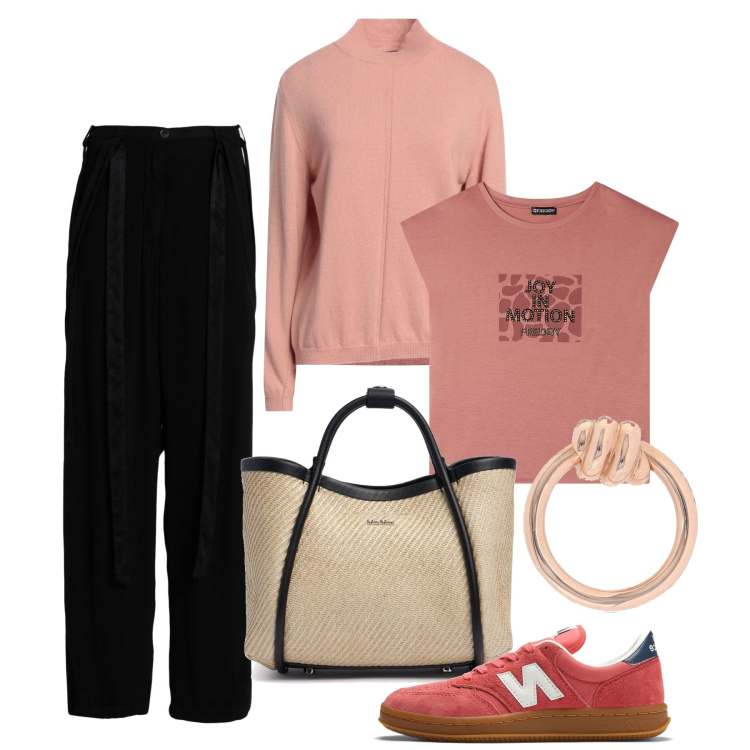 Outfit donna - Pesca basic. Stile Basic per Tutti i giorni. Abbinamento con maglieria, pantaloni, sneakers, t-shirt, borse a mano, orecchini.