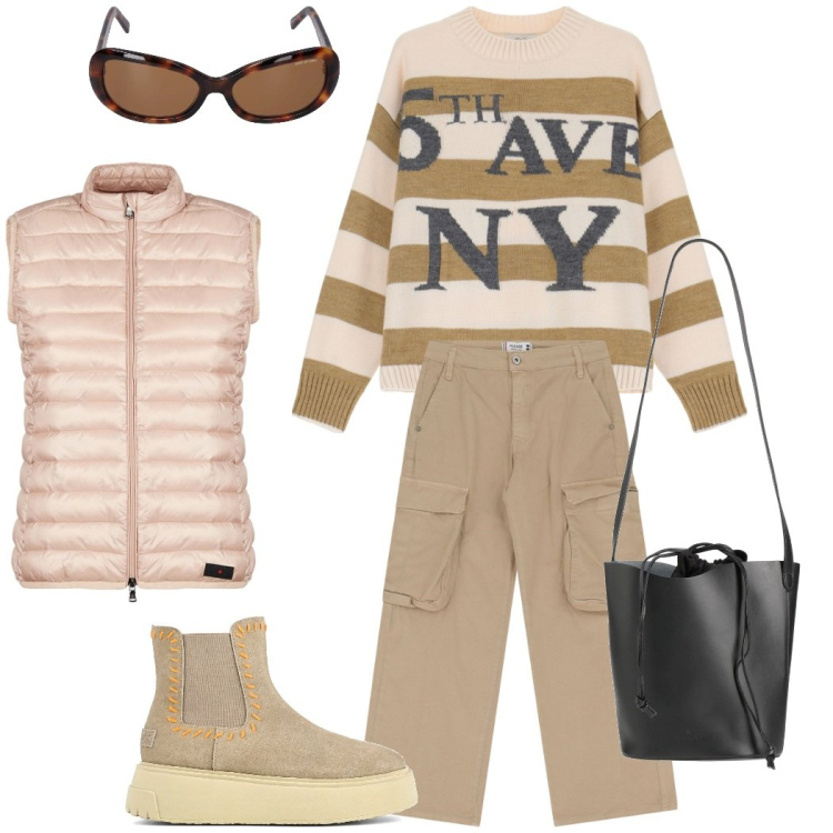 Outfit donna - Passeggiata in città. Stile Casual chic per Tutti i giorni. Abbinamento con borse a mano, pantaloni chino, piumini, maglieria, occhiali da sole, stivaletti.