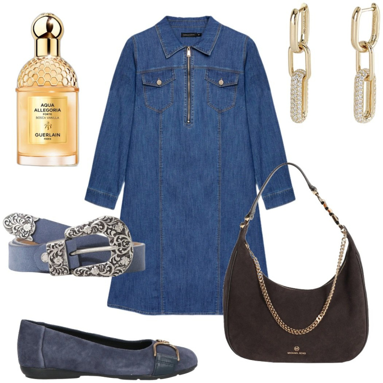 Outfit donna - Pomeriggio libero. Stile Casual chic per Tutti i giorni. Abbinamento con borse a spalla, ballerine, profumi, orecchini, cinture, vestiti midi/longuette.