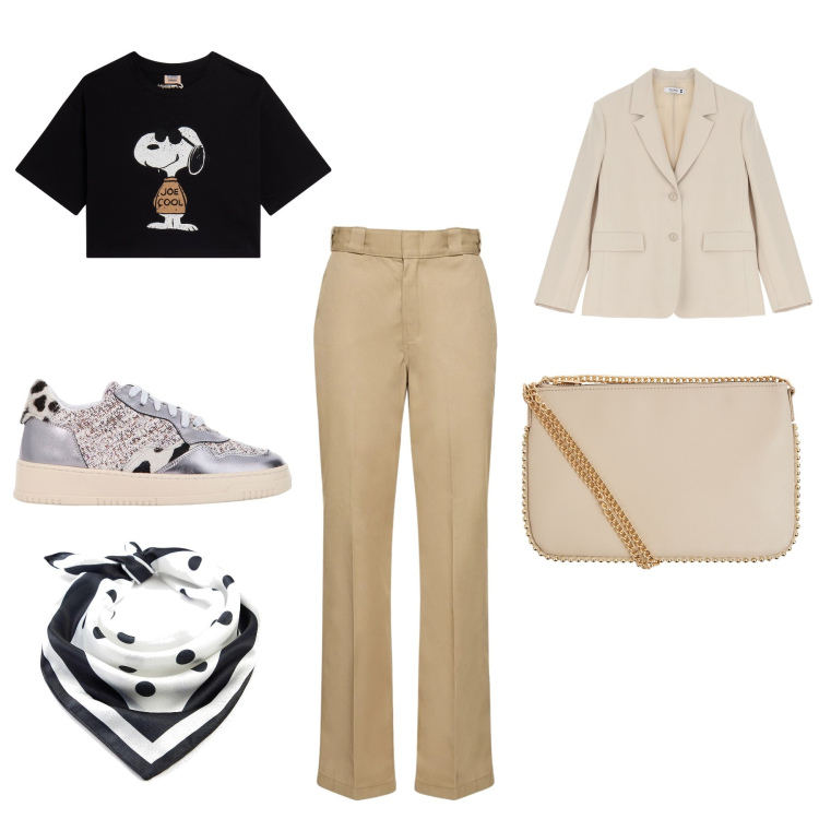 Outfit donna - Total look #2084424. Stile Casual chic per Tutti i giorni. Abbinamento con foulard, borse a tracolla, sneakers, blazer, t-shirt, pantaloni.