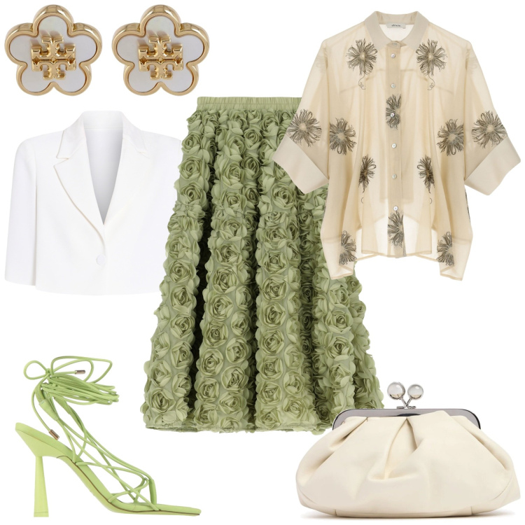 Outfit donna - La gonna 3D. Stile Bon Ton per Cerimonia. Abbinamento con infradito, gonne, camicie, cappe, pochette, orecchini.