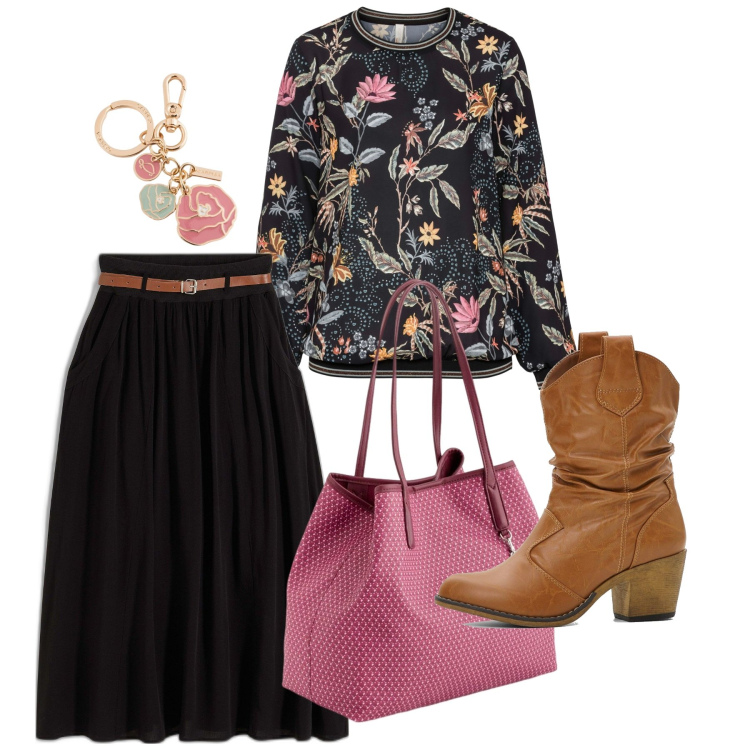 Outfit donna - Sprintime. Stile Romantica per Tutti i giorni. Abbinamento con bluse, gonne lunghe, stivaletti texani, shopping bag, portachiavi.