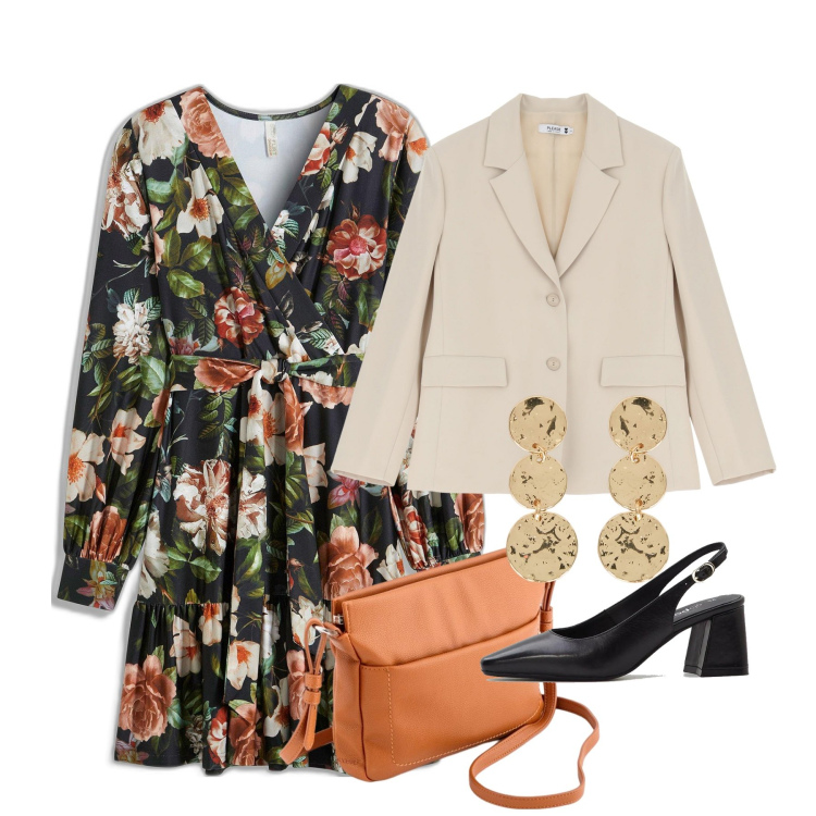 Outfit donna - Fiori vistosi. Stile Romantica per Tutti i giorni. Abbinamento con décolleté, vestiti, blazer, orecchini, borse a tracolla.