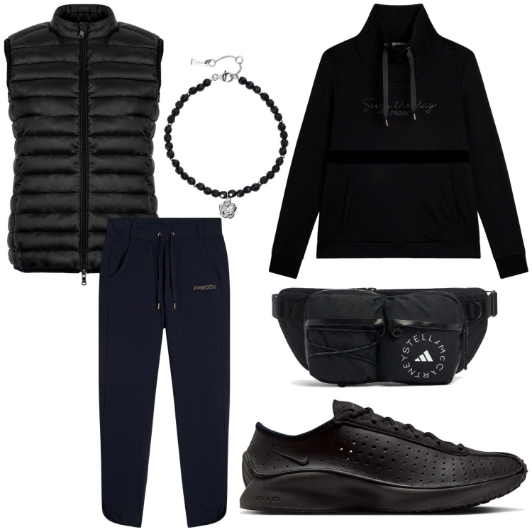 Outfit donna - Tutte le sfumature del nero. Stile Casual per Sport. Abbinamento con braccialetti, felpe, pantaloni, piumini, marsupi, sneakers.