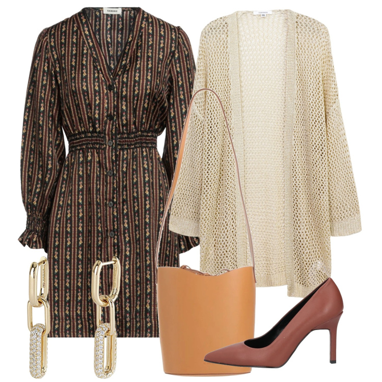 Outfit donna - Miss Chic. Stile Chic per Ufficio. Abbinamento con décolleté, vestiti corti, borse a mano, orecchini, kimono.