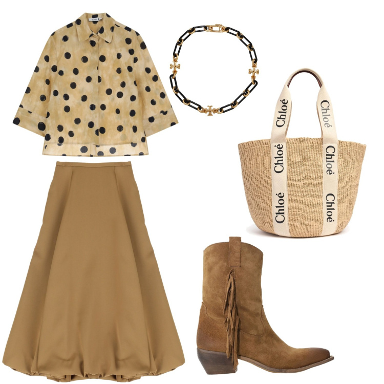 Outfit donna - Un pomeriggio a fare shopping. Stile Urban per Tutti i giorni. Abbinamento con collane, camicie, gonne longuette, stivali, shopping bag.