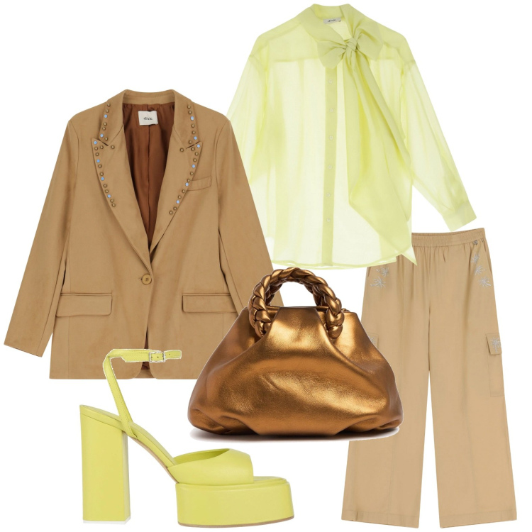 Outfit donna - Effetto wow. Stile Chic per Serata fuori. Abbinamento con sandali in pelle, blazer, camicie, pantaloni, borse a mano.