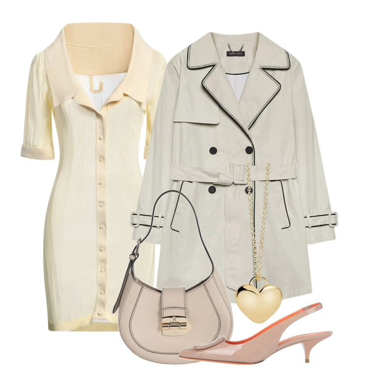 Outfit donna - Crema chic. Stile Chic per Tutti i giorni. Abbinamento con vestiti corti, borse a mano, décolleté, collane, trench.