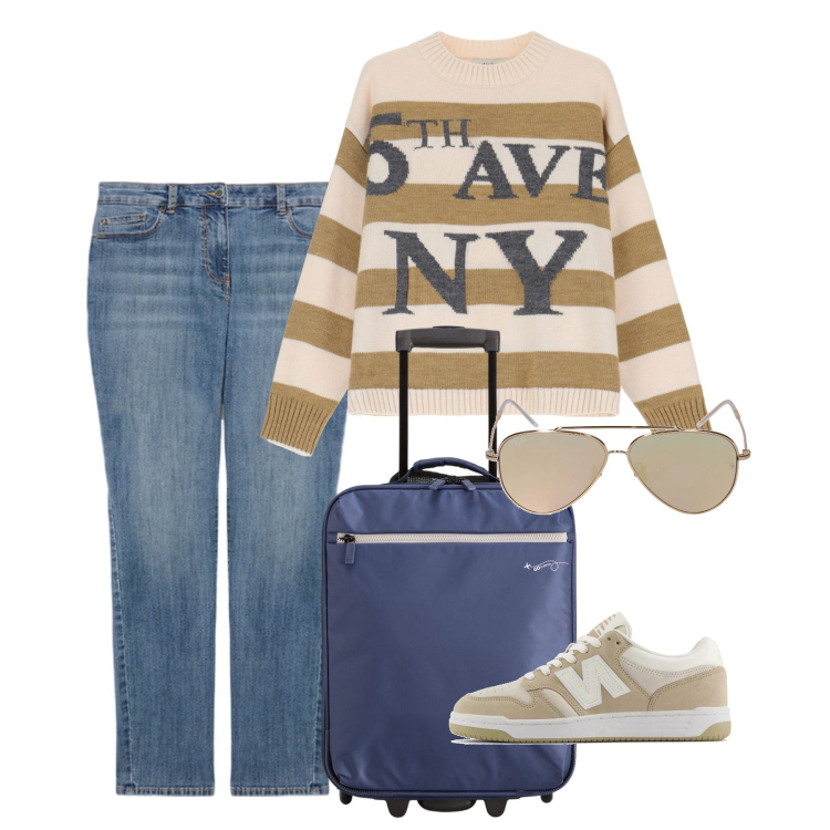 Outfit donna - Si parte. Stile Basic per Tutti i giorni. Abbinamento con sneakers, maglieria, jeans skinny, valigie, occhiali da sole.