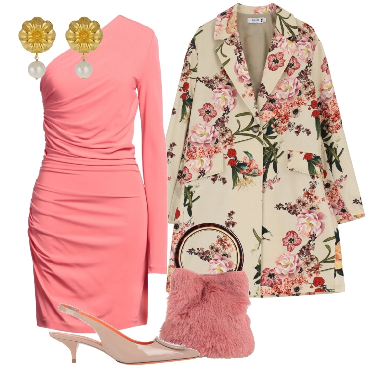 Outfit donna - Damigella in primavera. Stile Glamour per Cerimonia. Abbinamento con vestiti corti, décolleté, borse a mano, trench, orecchini.