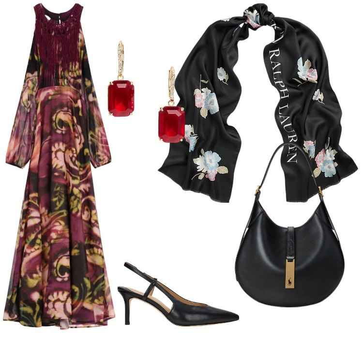 Outfit donna - Rosso e Nero. Stile Trendy per Tutti i giorni. Abbinamento con vestiti lunghi, borse a spalla, décolleté, orecchini, foulard.