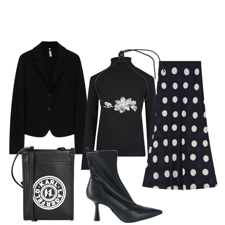 Outfit donna - Total black per fine inverno. Stile Chic per Serata fuori. Abbinamento con stivaletti, borse a tracolla, gonne lunghe, blazer, collane, maglieria.