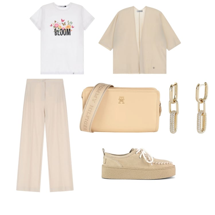 Outfit donna - Vacanza romana. Stile Casual chic Abbinamento con borse a tracolla, orecchini, cardigans, t-shirt, pantaloni, mocassini.