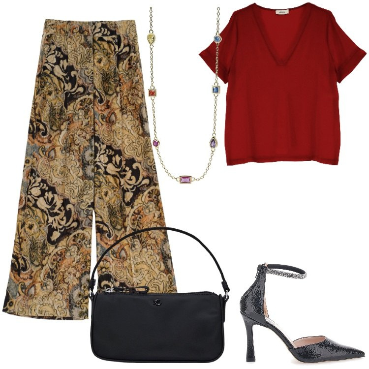 Outfit donna - La scarpa da flamengo. Stile Etnico per Tutti i giorni. Abbinamento con collane, pantaloni, t-shirt, pochette, décolleté.
