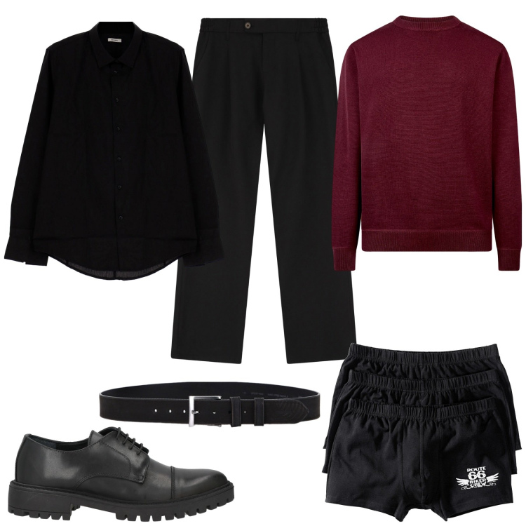Outfit uomo - Tocco di bordeaux. Stile Casual per Ufficio. Abbinamento con boxer, scarpe stringate, pantaloni, camicie, cinture, maglieria.