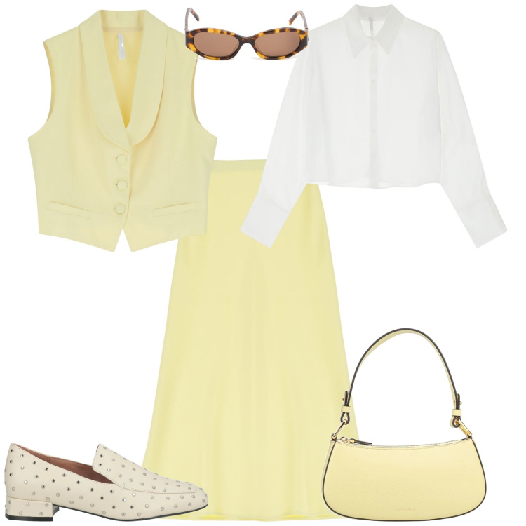 Outfit donna - Primavera. Stile Chic per Tutti i giorni. Abbinamento con mocassini, borse a mano, gonne longuette, gilet, camicie, occhiali da sole.