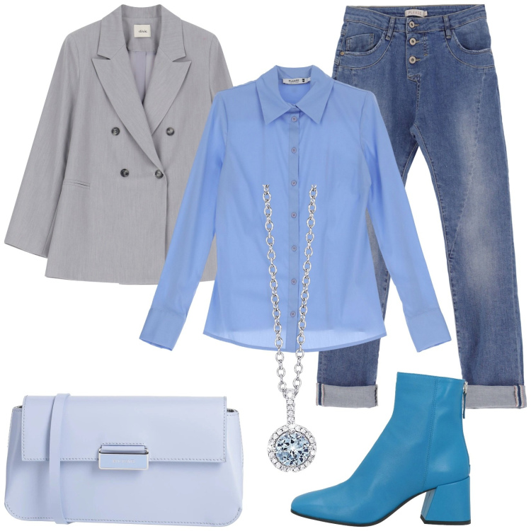 Outfit donna - Il tronchetto turchese. Stile Casual per Tutti i giorni. Abbinamento con stivaletti, borse a tracolla, collane, jeans slim fit, camicie, blazer.