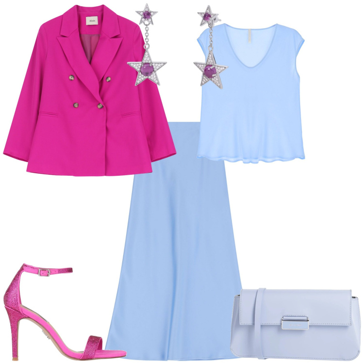 Outfit donna - Primavera. Stile Chic per Serata fuori. Abbinamento con sandali col tacco, borse a tracolla, orecchini, gonne lunghe, top, blazer.