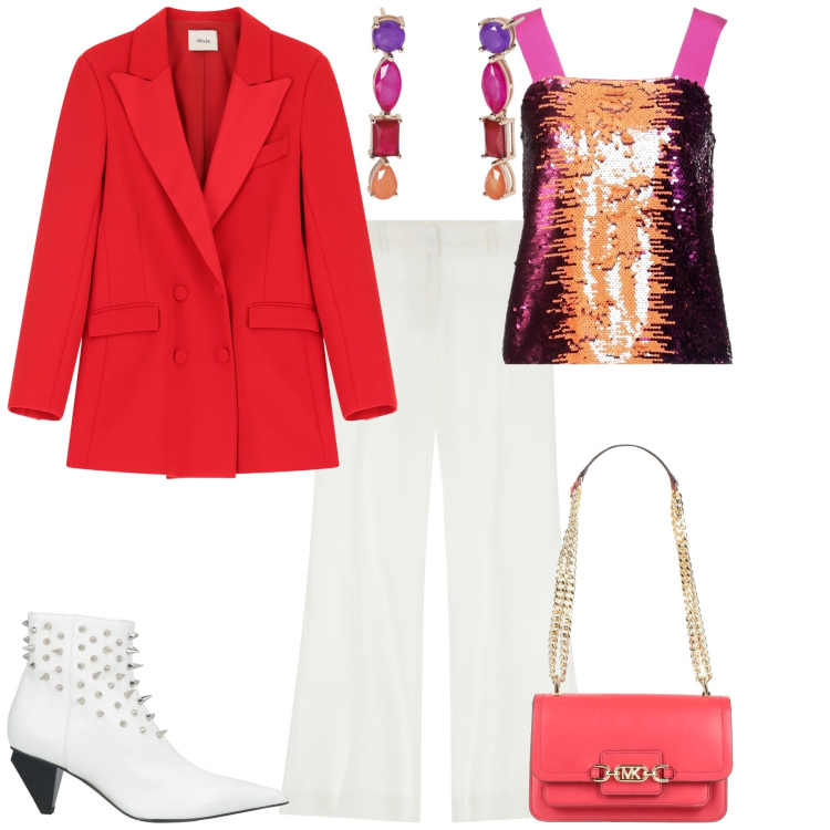 Outfit donna - Evento serata glamour. Stile Glamour per Serata fuori. Abbinamento con stivaletti, borse a spalla, top, orecchini, pantaloni, blazer.