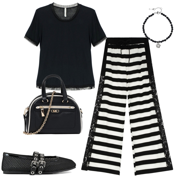 Outfit donna - I pantaloni glam. Stile Glamour per Tutti i giorni. Abbinamento con borse a mano, braccialetti, pantaloni a palazzo, t-shirt, ballerine.