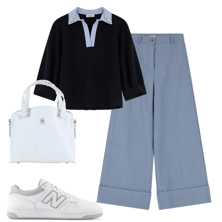 Outfit donna - City. Stile Trendy per Tutti i giorni. Abbinamento con borse a mano, pantaloni a palazzo, felpe, sneakers.