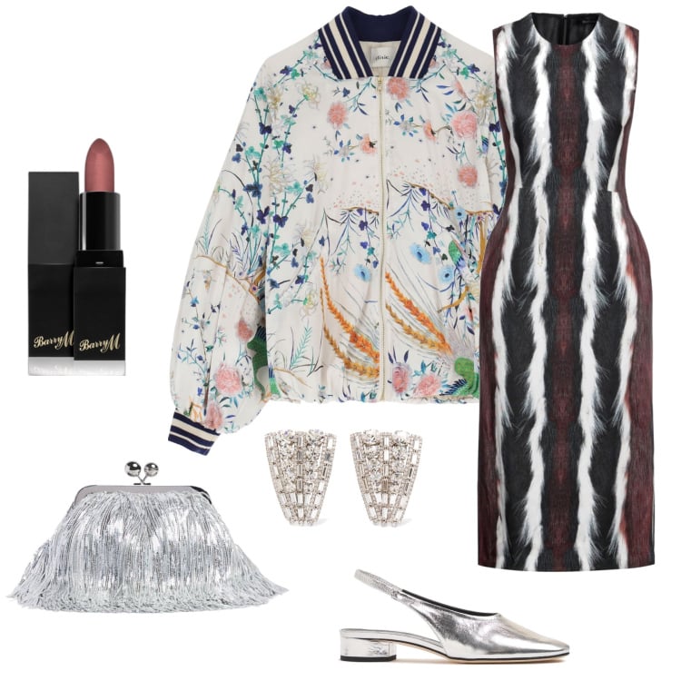 Outfit donna - Argento e fiori di campo. Stile Chic per Serata fuori. Abbinamento con vestiti midi/longuette, rossetti, bomber, scarpe col tacco, pochette, orecchini.