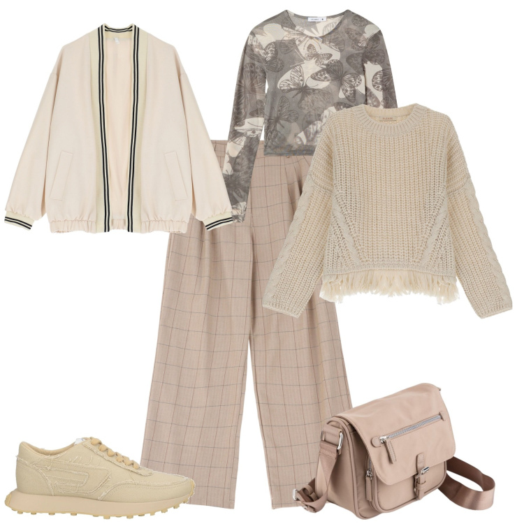 Outfit donna - Total look #2084562. Stile Sporty chic per Tutti i giorni. Abbinamento con sneakers, t-shirt, maglieria, pantaloni, bomber, borse a tracolla.
