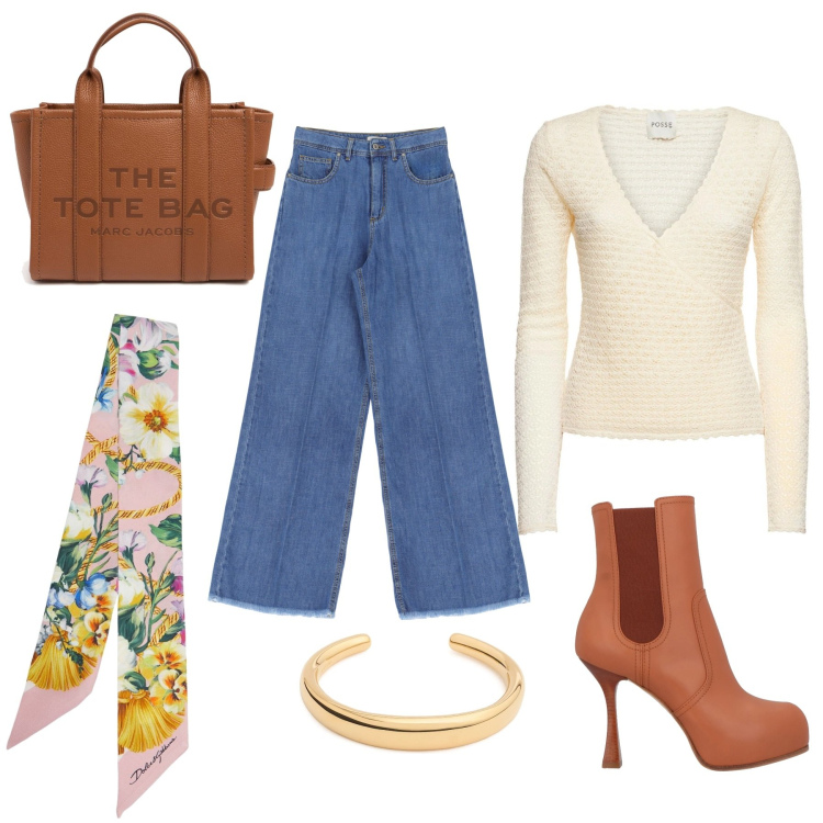 Outfit donna - Primavera alle porte. Stile Casual per Tutti i giorni. Abbinamento con stivaletti chelsea, jeans, shopping bag, braccialetti, top, foulard.