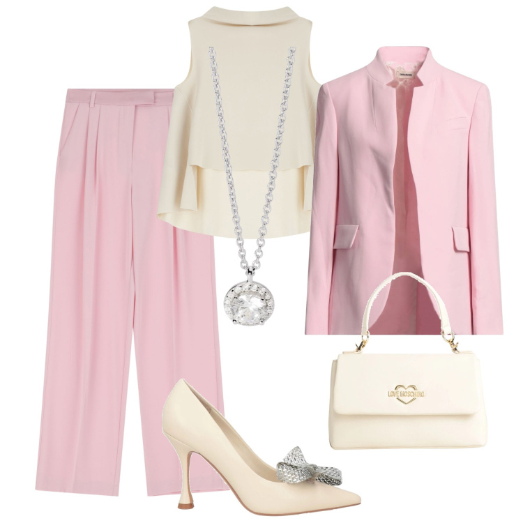 Outfit donna - Madrina al battesimo. Stile Chic per Cerimonia. Abbinamento con décolleté, blazer, borse a mano, collane, top, pantaloni.