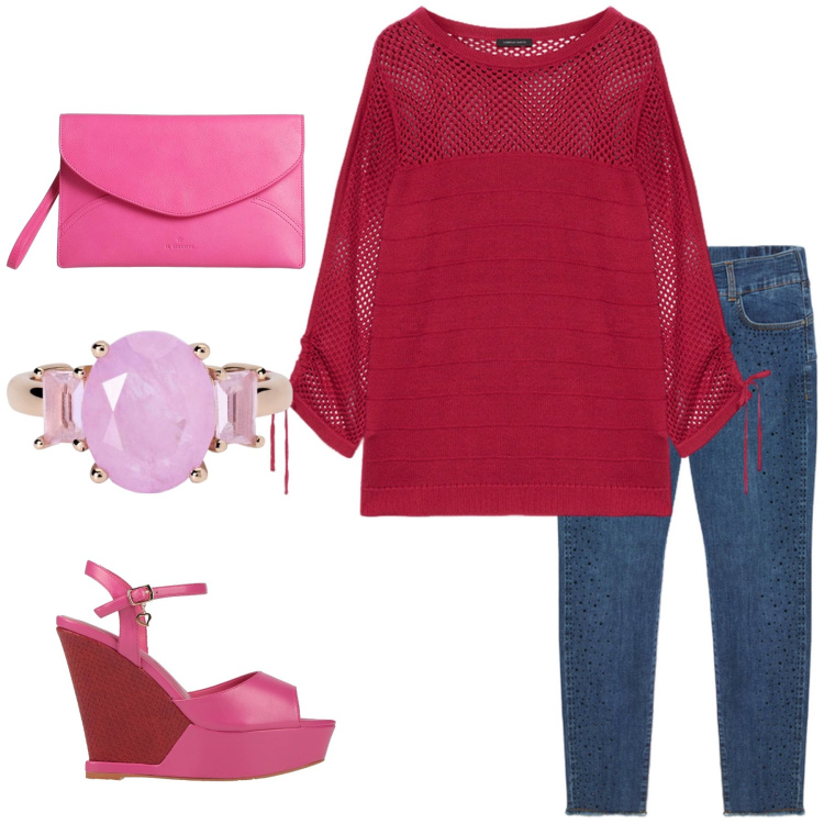 Outfit donna - Casual in rosso rubino. Stile Casual chic per Serata fuori. Abbinamento con borse a mano, sandali in pelle, anelli, maglieria, jeans skinny.