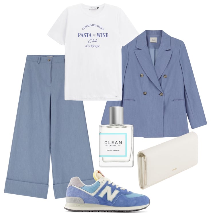 Outfit donna - Ufficio rilassato. Stile Casual chic per Ufficio. Abbinamento con profumi, sneakers, t-shirt, pantaloni a palazzo, blazer, portafogli.