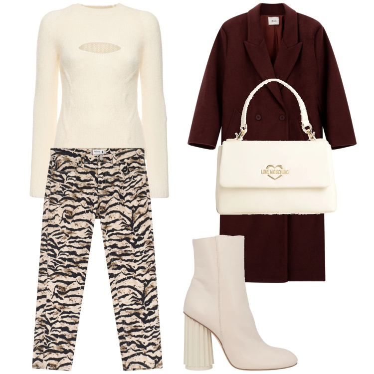 Outfit donna - Total look #2084586. Stile Trendy per Serata fuori. Abbinamento con stivaletti, borse a mano, pantaloni chino, cappotti, maglieria.