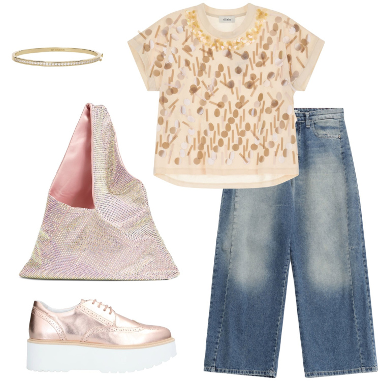 Outfit donna - Sporty chic. Stile Sporty chic per Serata fuori. Abbinamento con scarpe stringate, braccialetti, jeans, t-shirt, borse a spalla.