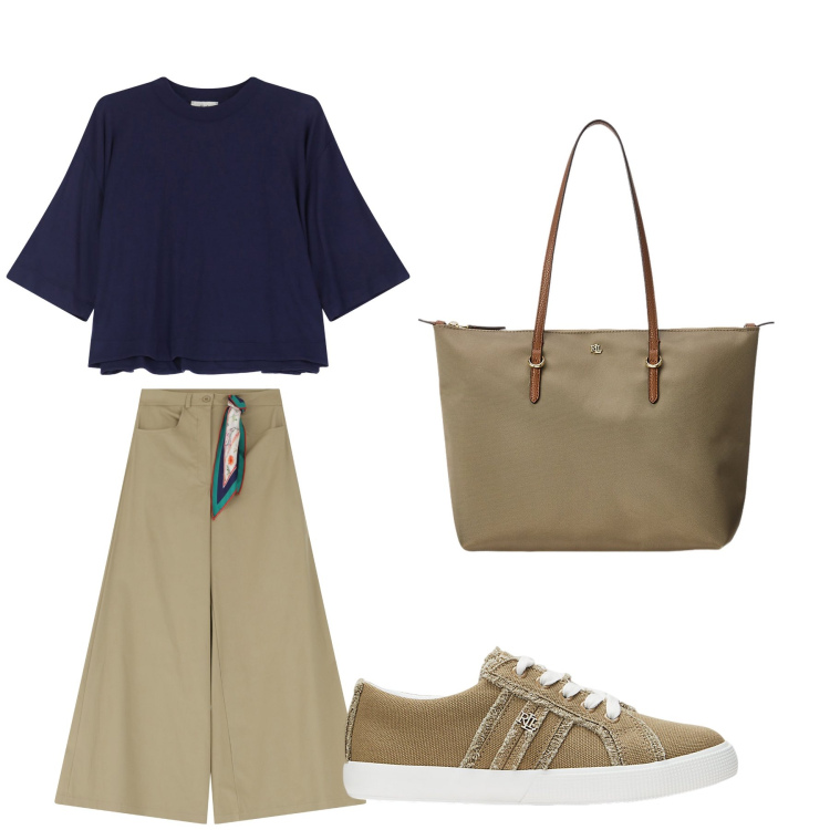Outfit donna - Aperitivo. Stile Trendy per Tutti i giorni. Abbinamento con pantaloni a palazzo, t-shirt, borse tote, sneakers.