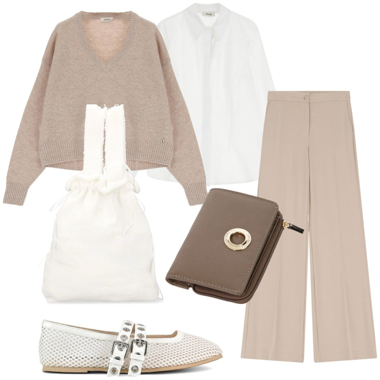 Outfit donna - Total look #2084592. Stile Casual chic per Tutti i giorni. Abbinamento con portafogli, pantaloni, maglieria, camicie, ballerine, borse a mano.