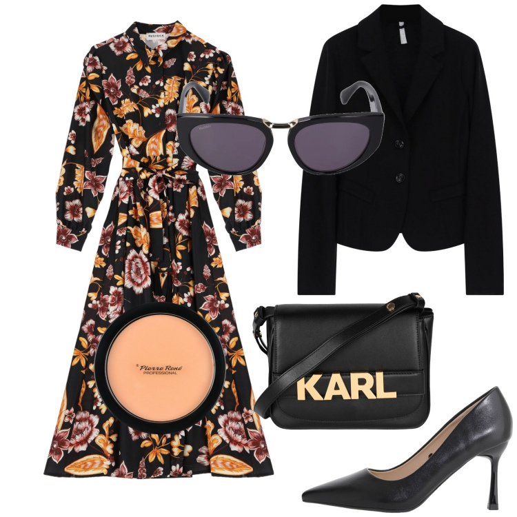 Outfit donna - Total look #2084596. Stile Chic per Cerimonia. Abbinamento con borse a tracolla, ciprie, décolleté, blazer, vestiti lunghi, occhiali da sole.