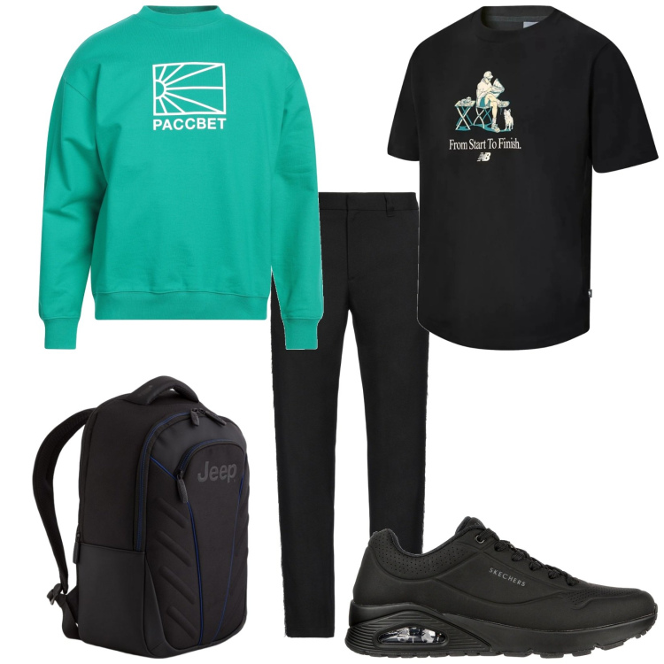 Outfit uomo - Total look #2084598. Stile Casual per Tutti i giorni. Abbinamento con jeans dritti, felpe, t-shirt, sneakers, borse sportive.