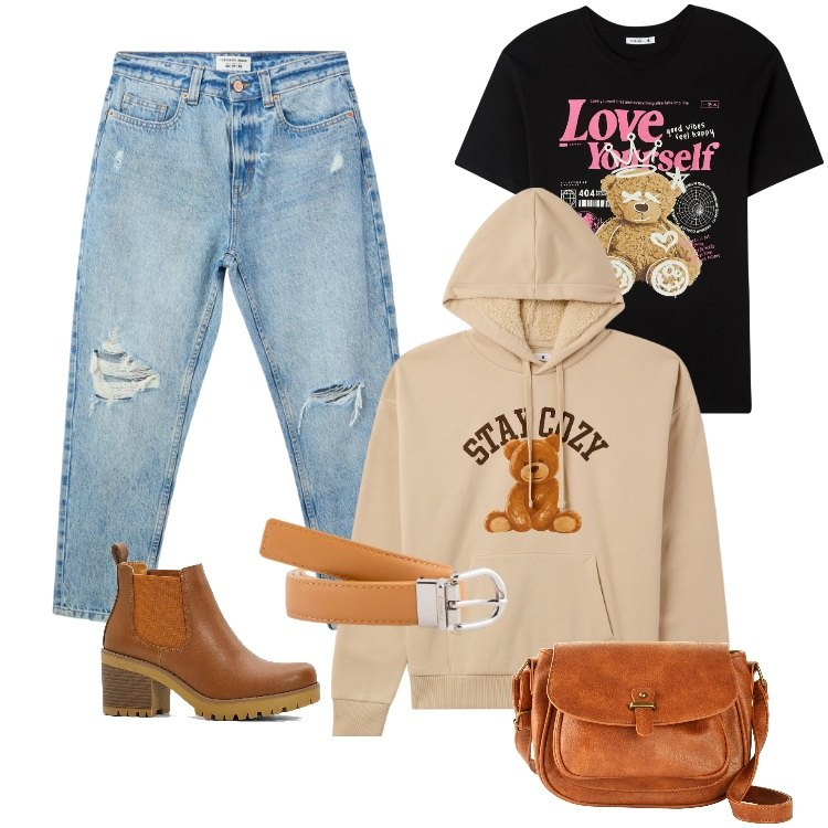 Outfit donna - Total look #2084601. Stile Urban per Tutti i giorni. Abbinamento con stivaletti chelsea, borse a tracolla, jeans mom, felpe con cappuccio, t-shirt, cinture.