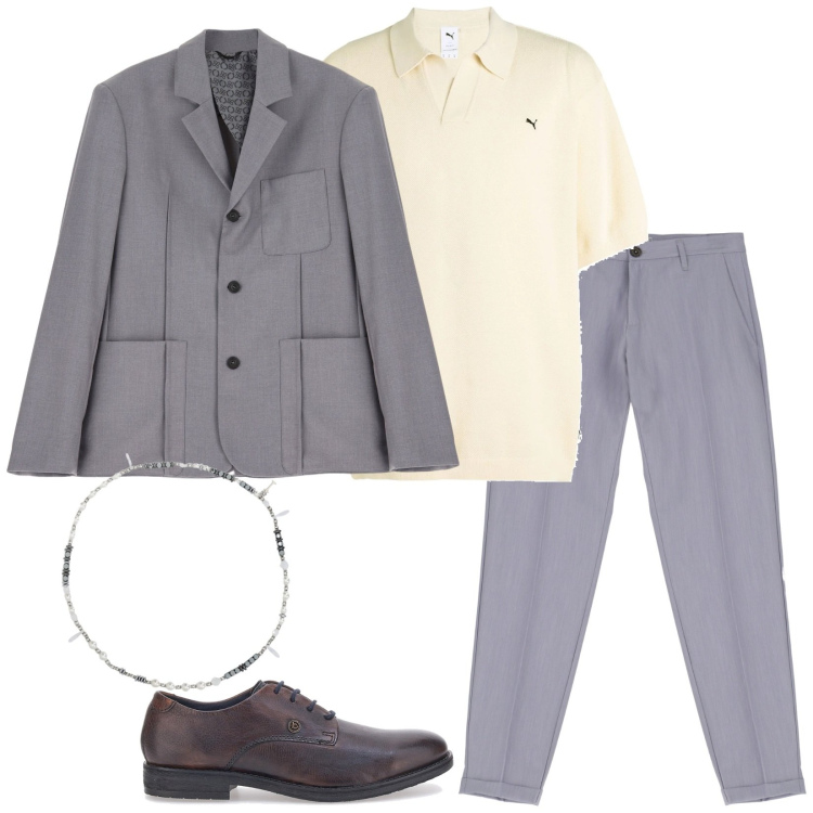 Outfit uomo - Di tendenza. Stile Trendy per Serata speciale. Abbinamento con pullovers, collane, giacche, pantaloni, scarpe stringate.