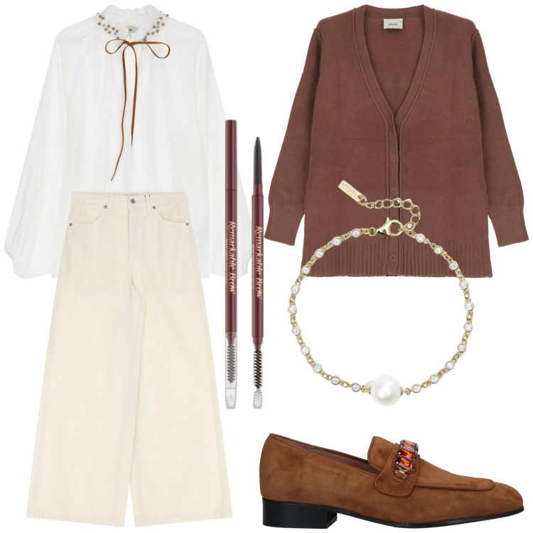 Outfit donna - Total look #2084609. Stile Trendy per Tutti i giorni. Abbinamento con mocassini, eyeliner, braccialetti, bluse, cardigans, jeans.