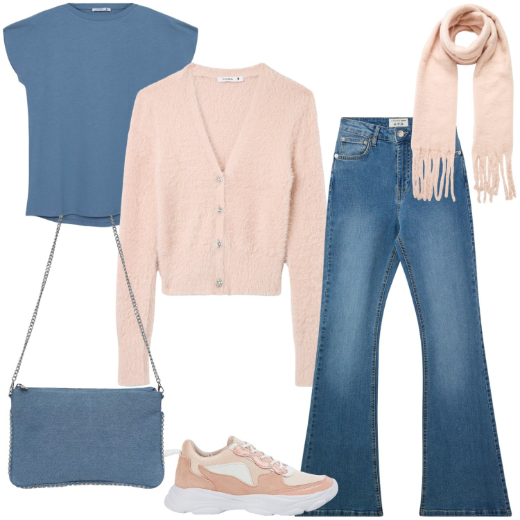 Outfit donna - Albicocca e jeans. Stile Basic per Scuola/Università. Abbinamento con borse a tracolla, cardigans, jeans a zampa, t-shirt, sneakers, sciarpe.