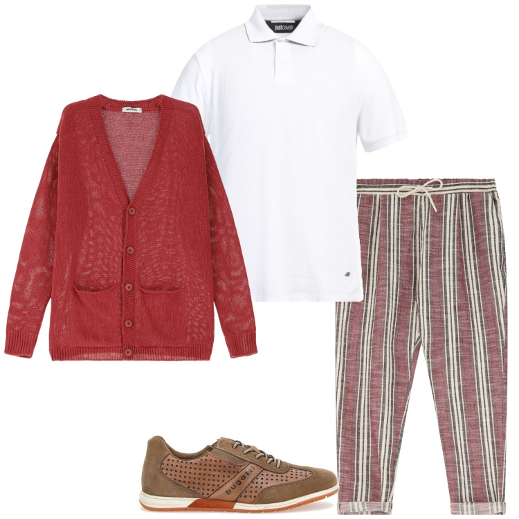 Outfit uomo - Eclettico. Stile Casual per Tutti i giorni. Abbinamento con polo, pantaloni, cardigans, scarpe stringate.