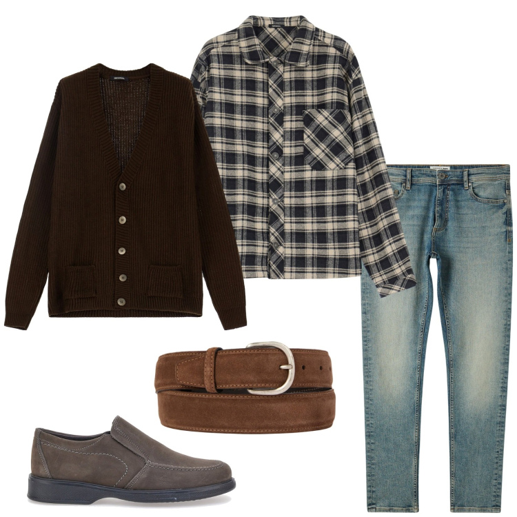 Outfit uomo - Country. Stile Casual per Tutti i giorni. Abbinamento con jeans skinny, cardigans, camicie, cinture, scarpe stringate.