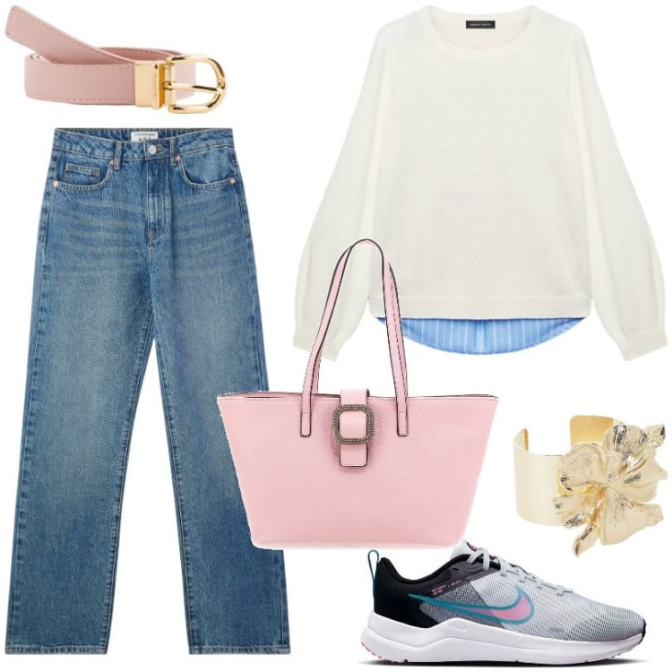 Outfit donna - Maglia con dietro effetto camicia. Stile Casual per Tutti i giorni. Abbinamento con jeans dritti, braccialetti, maglieria, borse a spalla, sneakers, cinture.