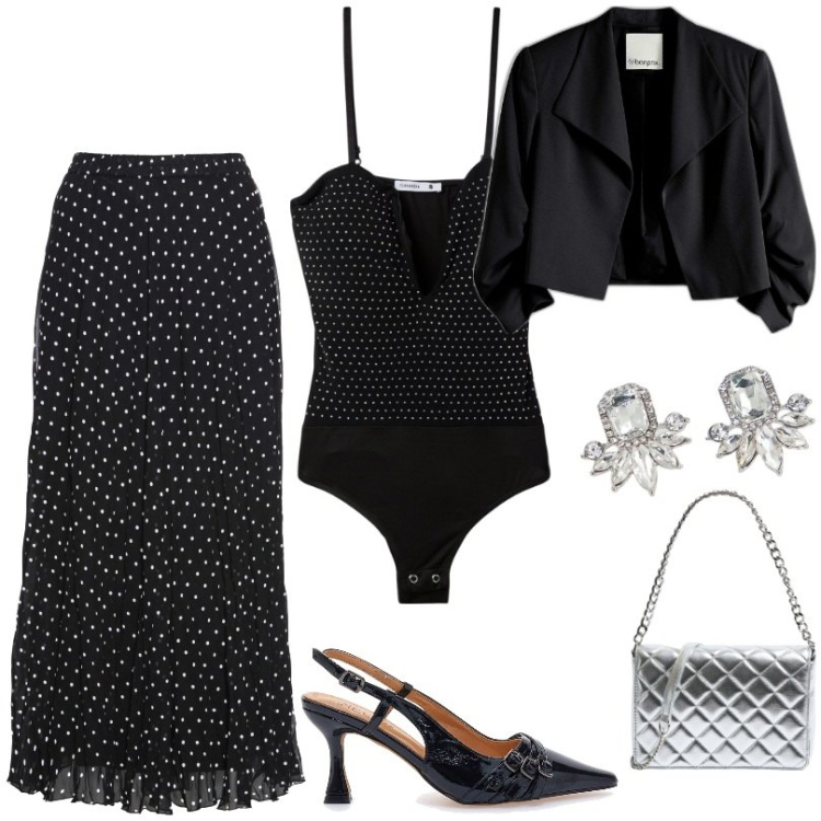 Outfit donna - Valorizza il tuo fisico. Stile Sexy per Serata fuori. Abbinamento con gonne, blazer, body, borse a tracolla, orecchini, décolleté.