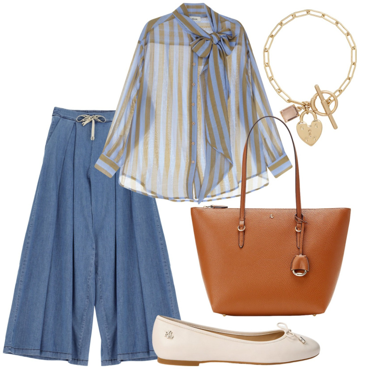 Outfit donna - Total look #2084668. Stile Casual chic per Tutti i giorni. Abbinamento con borse tote, braccialetti, ballerine, camicie, jeans.