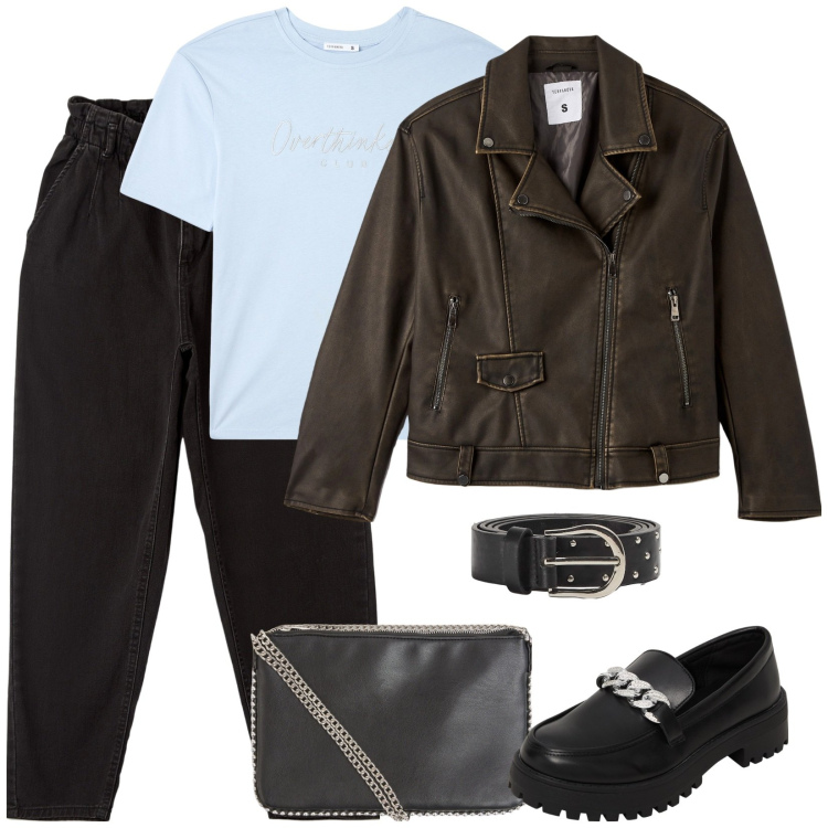 Outfit donna - Un po\' rock. Stile Rock per Scuola/Università. Abbinamento con borse a tracolla, t-shirt, giacche, jeans, cinture, mocassini.