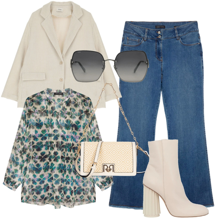 Outfit donna - Colazione con le amiche. Stile Casual chic per Tutti i giorni. Abbinamento con stivaletti, occhiali da sole, borse a spalla, blazer, bluse, jeans.
